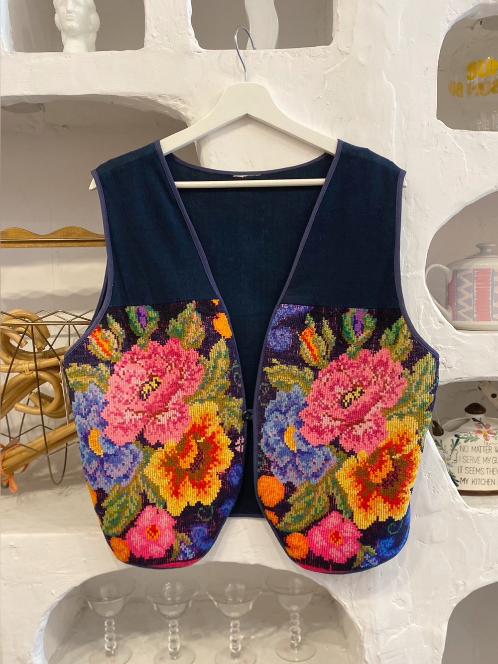 Vintage Guatemalan Floral Needlepoint Embroidered Navy Tapestry Vest